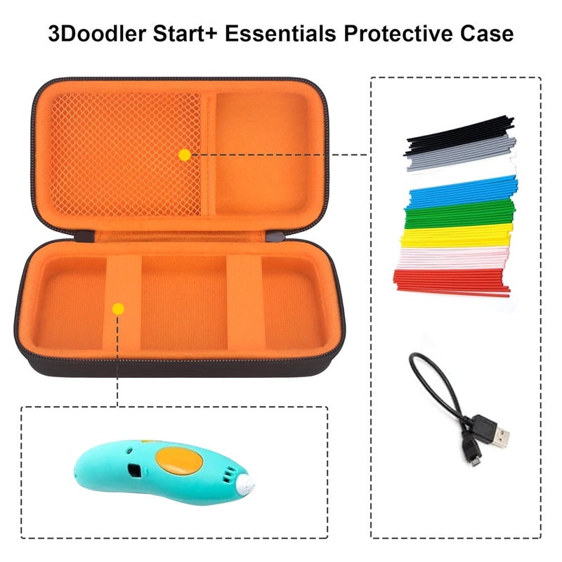RAIALL حافظة صلبة لقلم 3Doodler 3D للأطفال، حقيبة تنظيم تخزين أقلام الطباعة ثلاثية الأبعاد، جيب شبكي يناسب الخيوط البلاستيكية والكابل، أسود+برتقالي (حافظة فقط) - Image 3